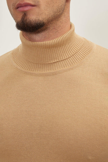 Men's Roll Neck Knit Sweater - Camel | Ron Tomson