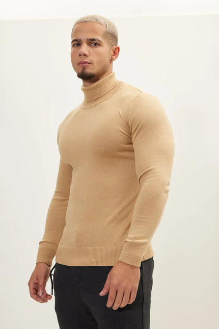 Men's Roll Neck Knit Sweater - Camel | Ron Tomson