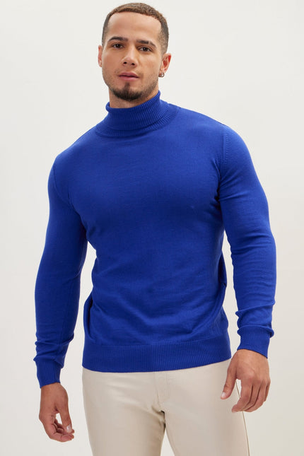Men's Roll Neck Knit Sweater - Electric Blue | Ron Tomson