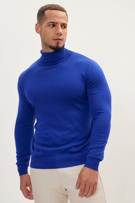 Men's Roll Neck Knit Sweater - Electric Blue | Ron Tomson