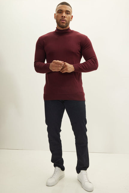 Men's Roll Neck Knit Sweater - Burgundy | Ron Tomson