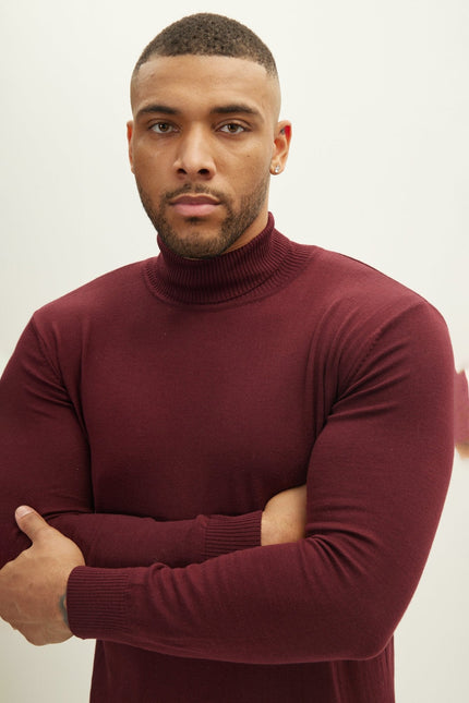 Men's Roll Neck Knit Sweater - Burgundy | Ron Tomson