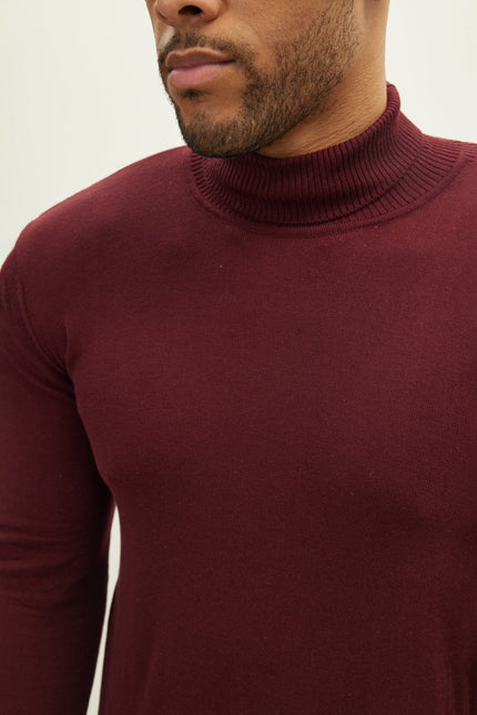 Men's Roll Neck Knit Sweater - Burgundy | Ron Tomson