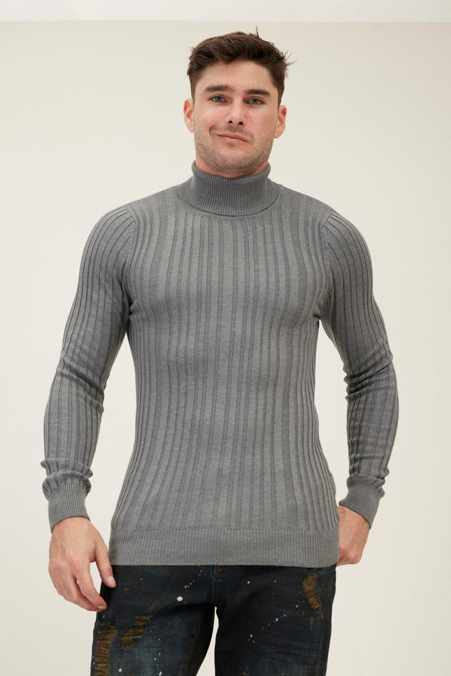 Roll Neck Ribbed Sweater - Grey
