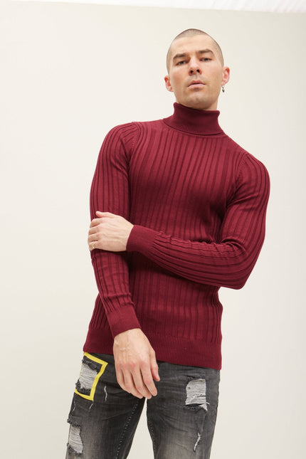 Men's Ribbed Roll Neck Sweater - Burgundy | Ron Tomson