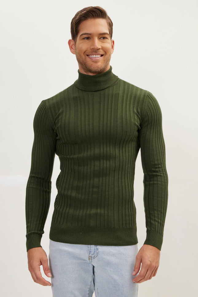 Men's Ribbed Roll Neck Sweater - Khaki | Ron Tomson