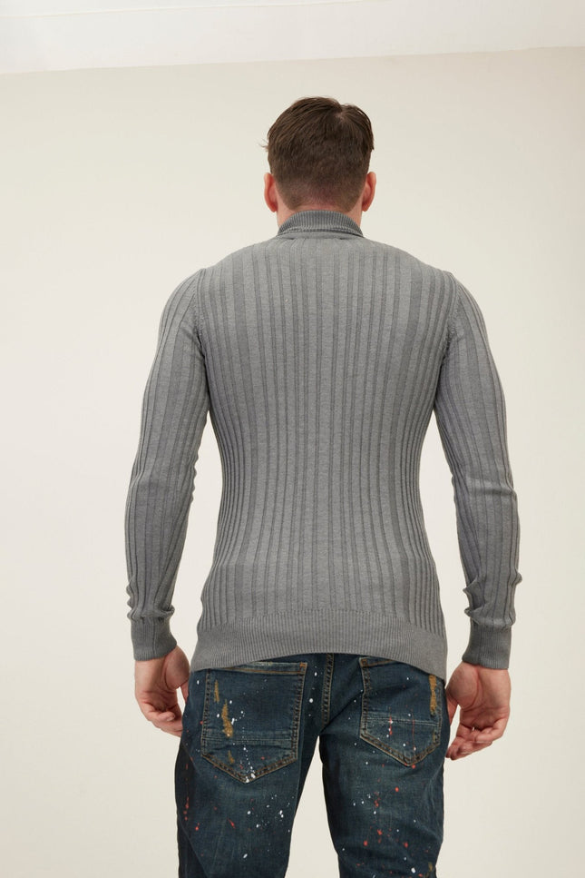 Roll Neck Ribbed Sweater - Grey
