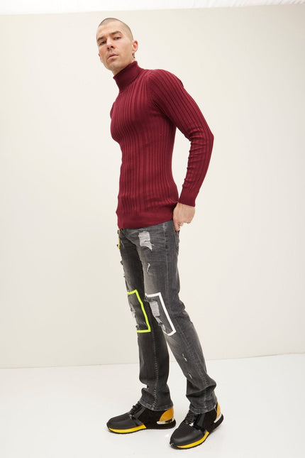 Men's Ribbed Roll Neck Sweater - Burgundy | Ron Tomson