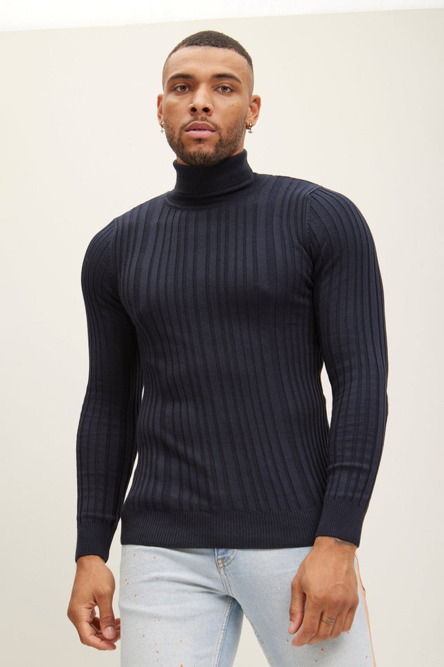 Turtleneck Ribbed Sweater - Navy