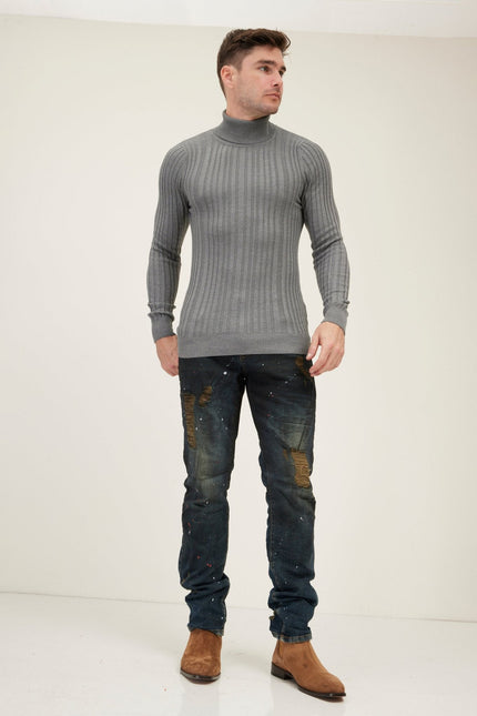Men's Ribbed Roll Neck Sweater - Grey | Ron Tomson