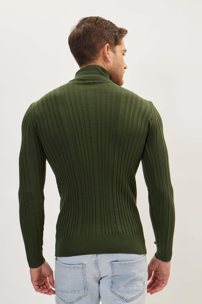 Men's Ribbed Roll Neck Sweater - Khaki | Ron Tomson