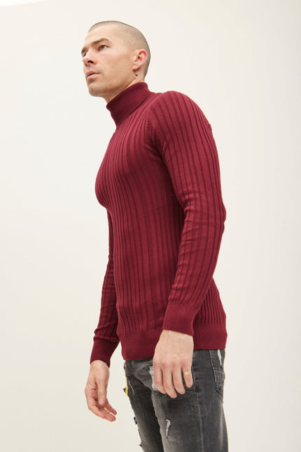 Men's Ribbed Roll Neck Sweater - Burgundy | Ron Tomson