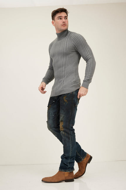Men's Ribbed Roll Neck Sweater - Grey | Ron Tomson