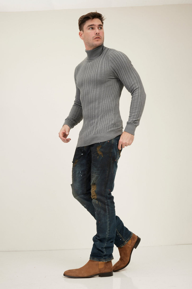 Men's Ribbed Roll Neck Sweater - Grey | Ron Tomson