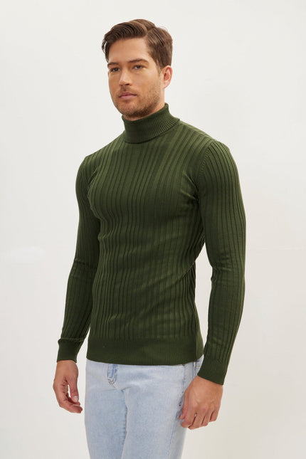 Men's Ribbed Roll Neck Sweater - Khaki | Ron Tomson