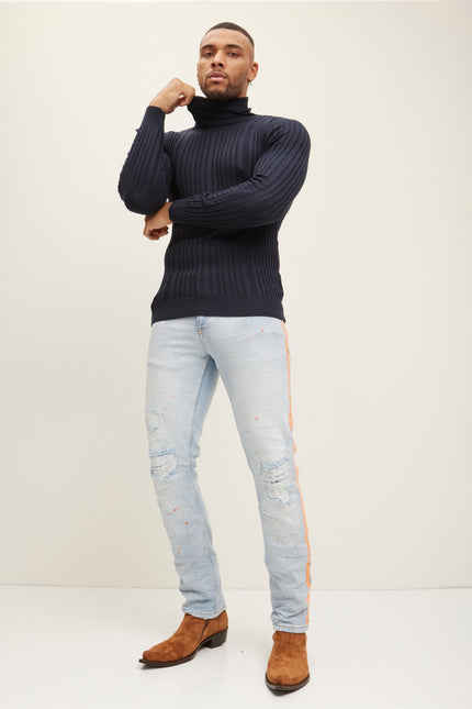Men's Ribbed Roll Neck Sweater - Navy | Ron Tomson