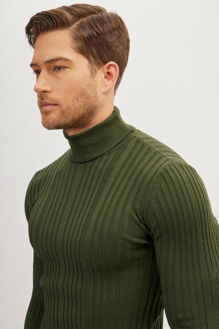 Men's Ribbed Roll Neck Sweater - Khaki | Ron Tomson