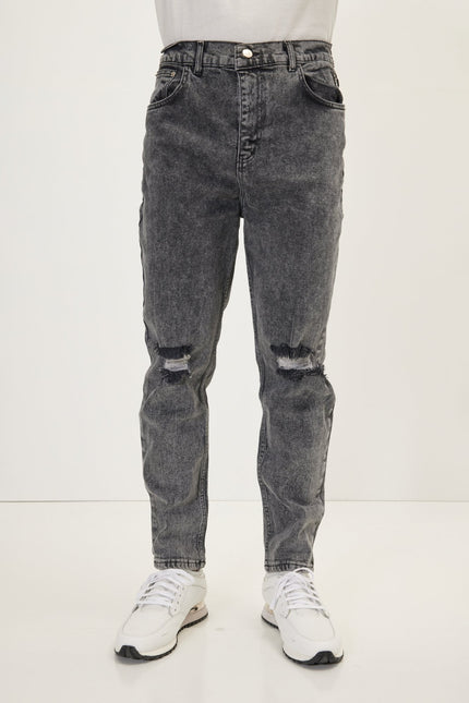 Men's Distressed Tapered Denim Jeans - Black | Ron Tomson