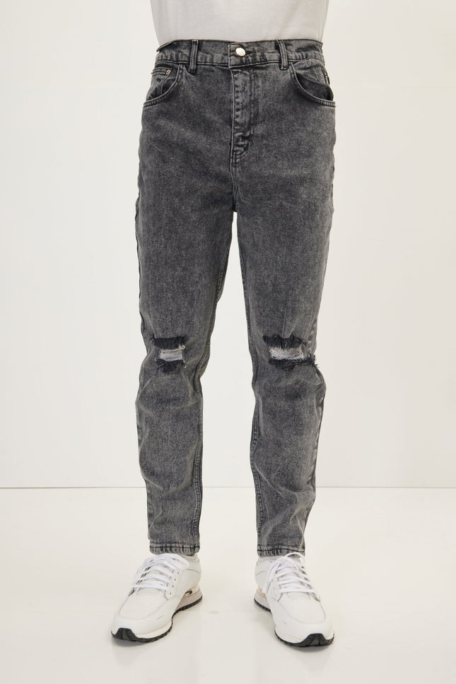 Men's Distressed Tapered Denim Jeans - Black | Ron Tomson
