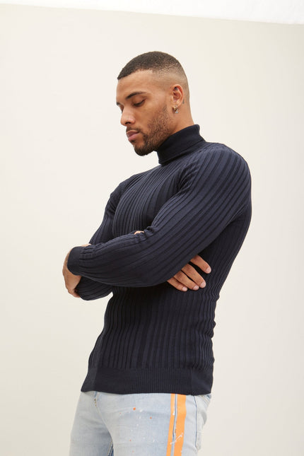 Men's Ribbed Roll Neck Sweater - Navy | Ron Tomson