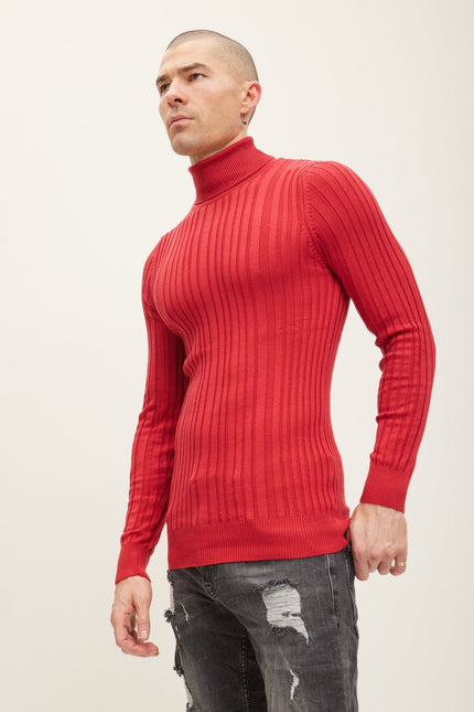 Men's Ribbed Roll Neck Sweater - Red | Ron Tomson