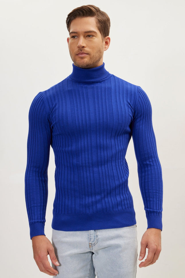 Men's Ribbed Roll Neck Sweater - Electric Blue | Ron Tomson