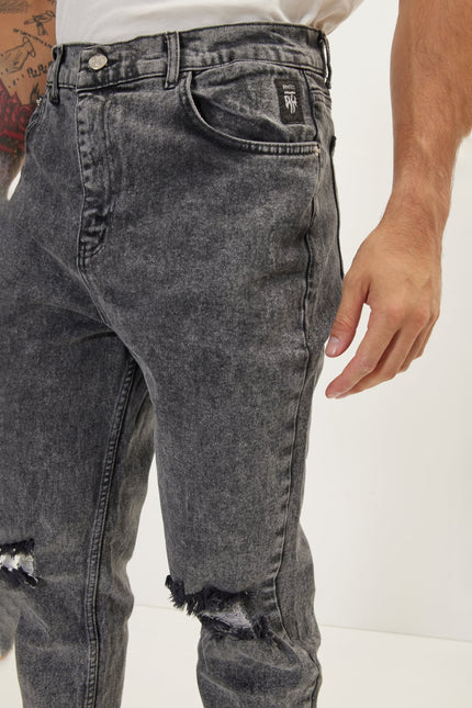 Men's Distressed Tapered Denim Jeans - Black | Ron Tomson