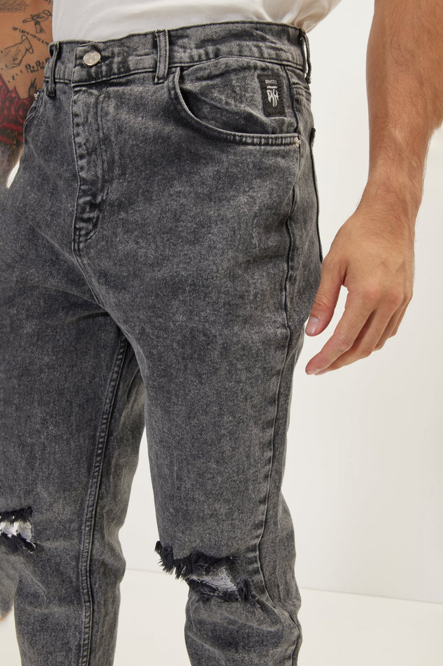 Men's Distressed Tapered Denim Jeans - Black | Ron Tomson