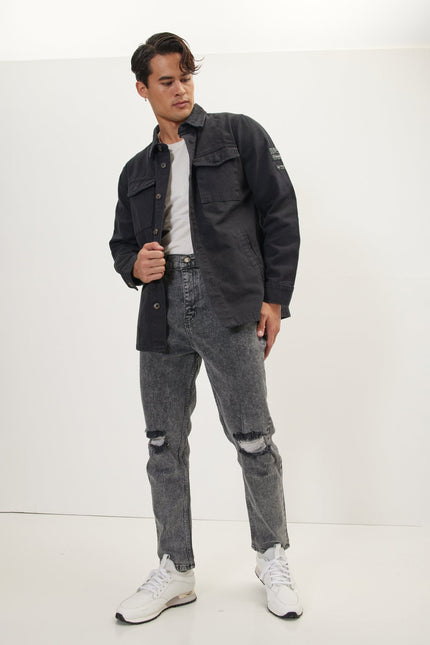 Men's Distressed Tapered Denim Jeans - Black | Ron Tomson