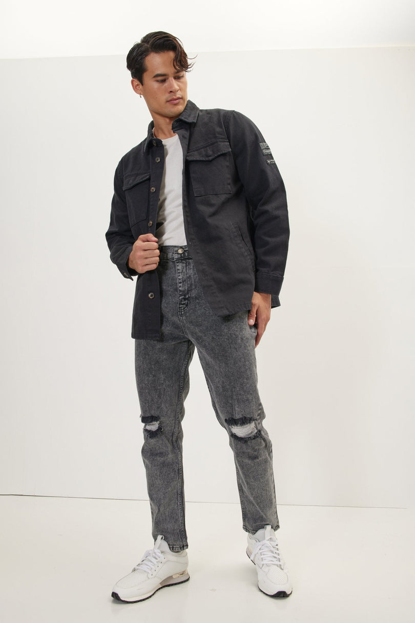 Men's Distressed Tapered Denim Jeans - Black | Ron Tomson
