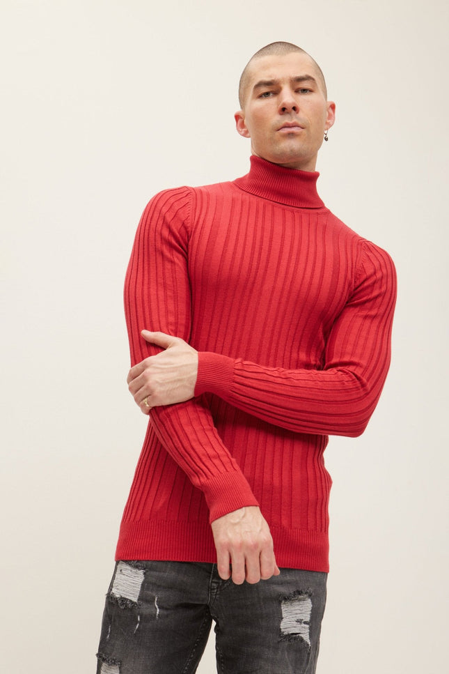 Turtleneck Ribbed Sweater - Red