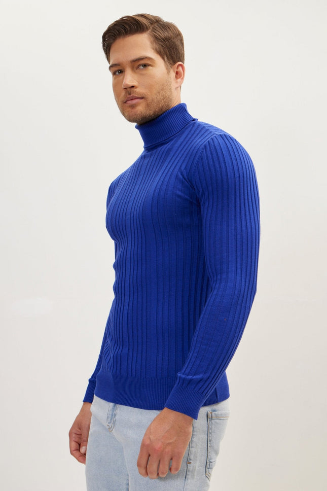 Men's Ribbed Roll Neck Sweater - Electric Blue | Ron Tomson