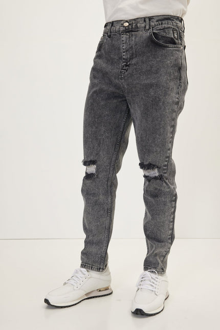 Men's Distressed Tapered Denim Jeans - Black | Ron Tomson