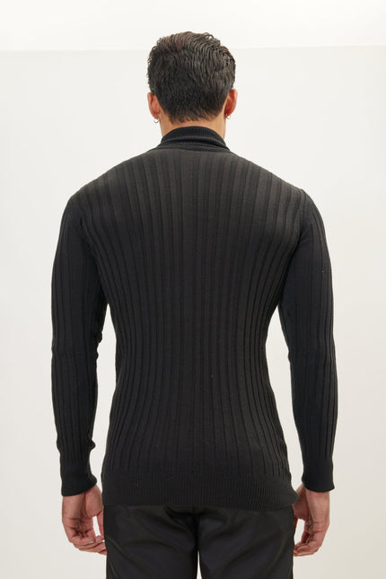 Men's Ribbed Roll Neck Sweater - Black | Ron Tomson
