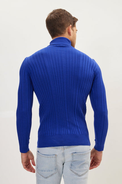 Men's Ribbed Roll Neck Sweater - Electric Blue | Ron Tomson