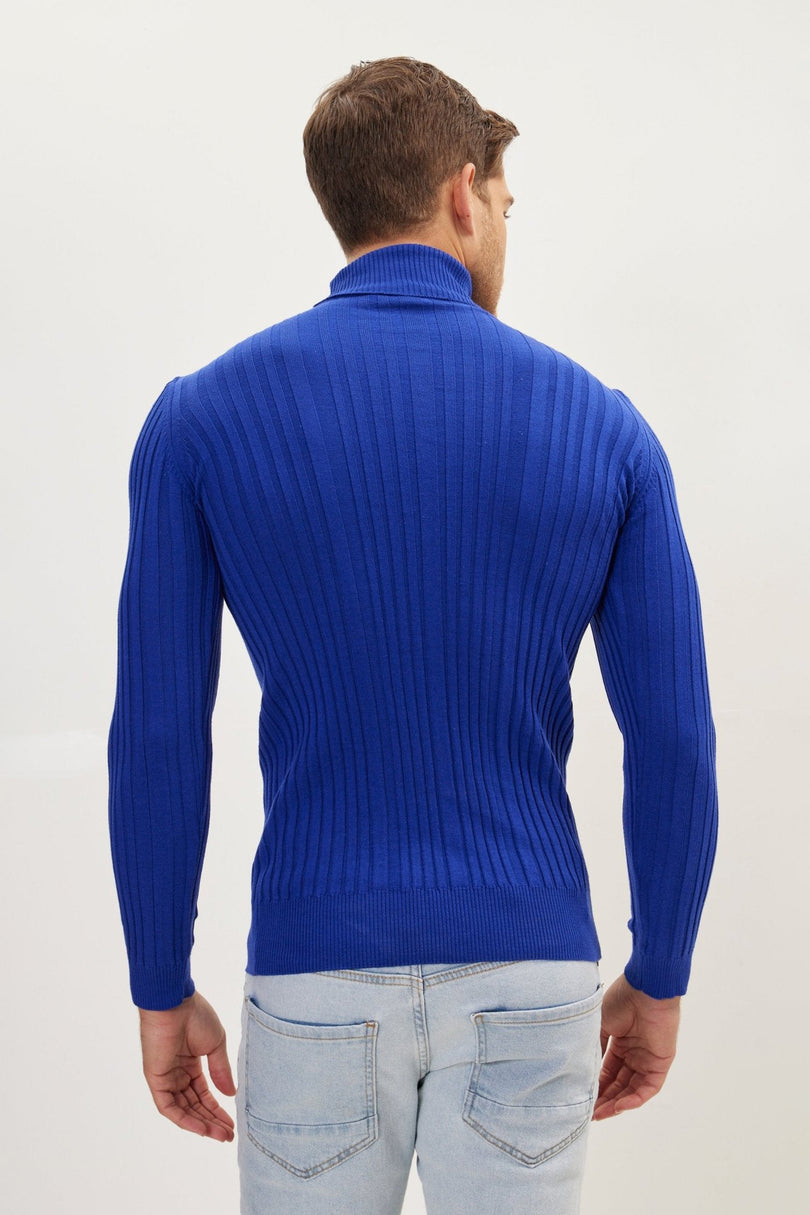 Men's Ribbed Roll Neck Sweater - Electric Blue | Ron Tomson