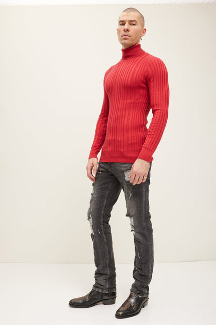 Men's Ribbed Roll Neck Sweater - Red | Ron Tomson