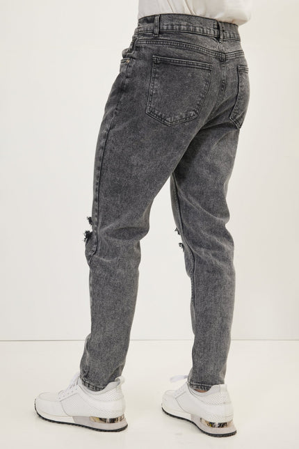 Men's Distressed Tapered Denim Jeans - Black | Ron Tomson
