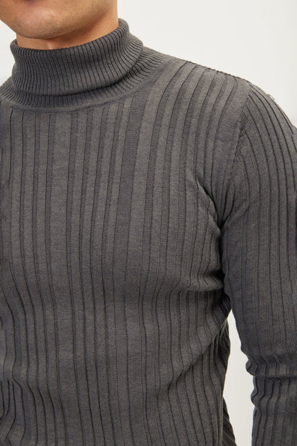 Men's Ribbed Roll Neck Sweater - Anthracite | Ron Tomson