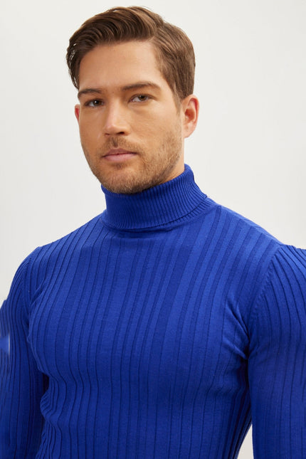 Men's Ribbed Roll Neck Sweater - Electric Blue | Ron Tomson