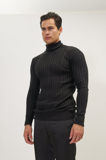 Men's Ribbed Roll Neck Sweater - Black | Ron Tomson