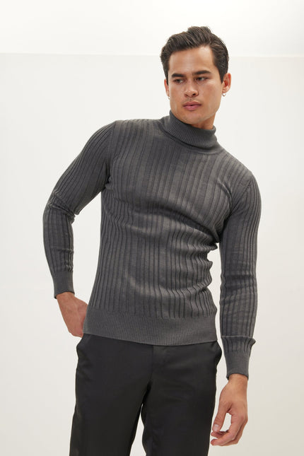 Men's Ribbed Roll Neck Sweater - Anthracite | Ron Tomson