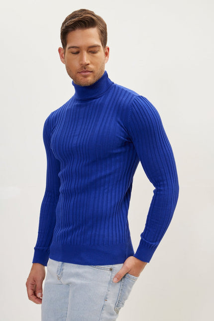 Men's Ribbed Roll Neck Sweater - Electric Blue | Ron Tomson