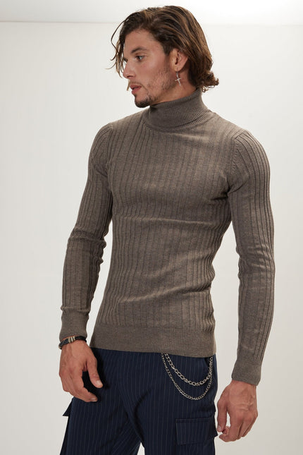 Men's Ribbed Roll Neck Sweater - Dark Vizon | Ron Tomson