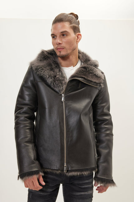 Men's Reversible Toscana Shearling Bomber Jacket - Chocolate | Ron Tomson