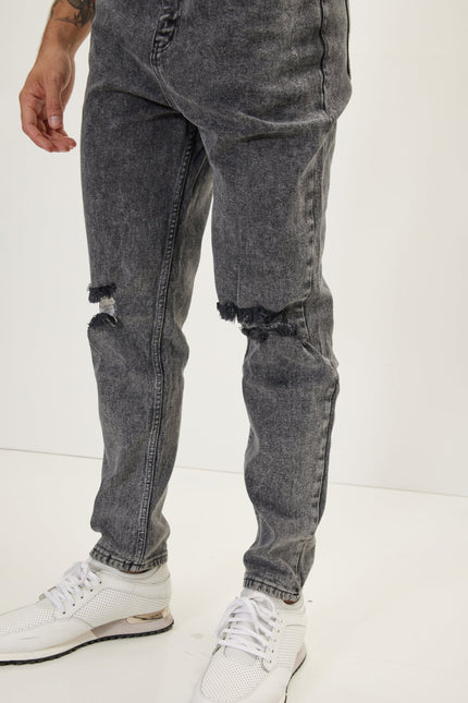 Men's Distressed Tapered Denim Jeans - Black | Ron Tomson