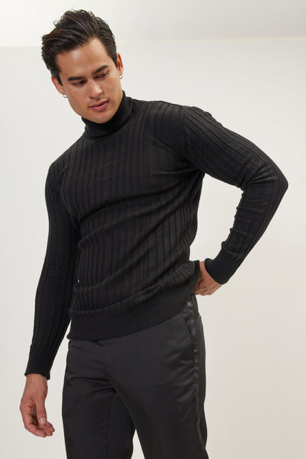 Men's Ribbed Roll Neck Sweater - Black | Ron Tomson
