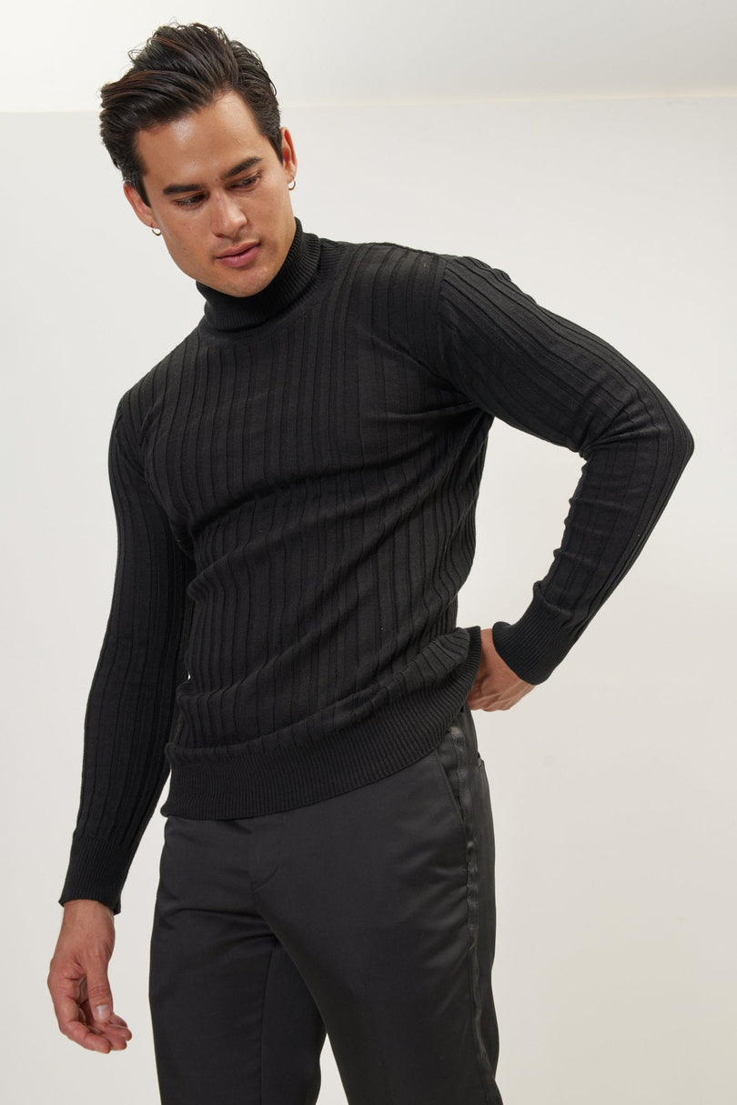Men's Ribbed Roll Neck Sweater - Black | Ron Tomson