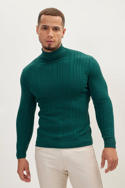 Men's Ribbed Roll Neck Sweater - Green | Ron Tomson