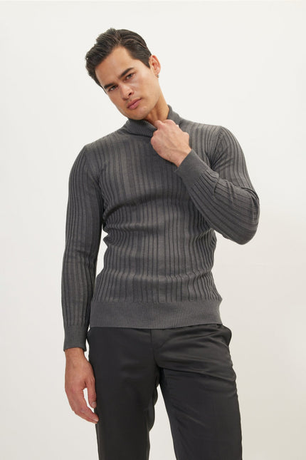 Men's Ribbed Roll Neck Sweater - Anthracite | Ron Tomson